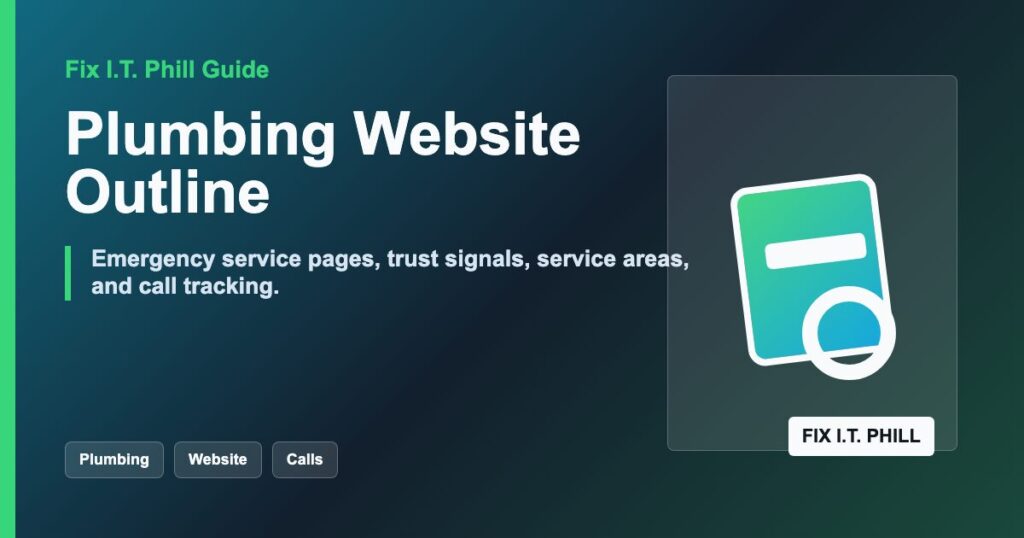 Plumbing website outline checklist for emergency service pages, trust signals, service areas, calls, reviews, and booking verification
