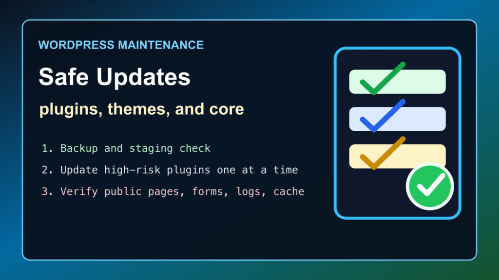 WordPress Dashboard update checklist for plugins, themes, core, cache checks, and visitor-path verification