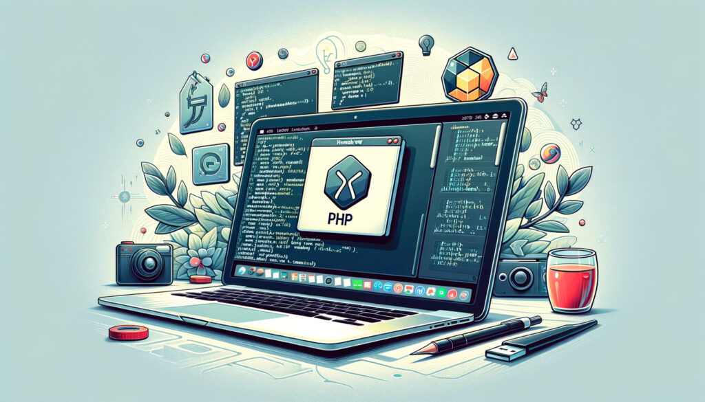 MacBook with terminal showing PHP 8.3 installation, surrounded by Homebrew icons and PHP logos.
