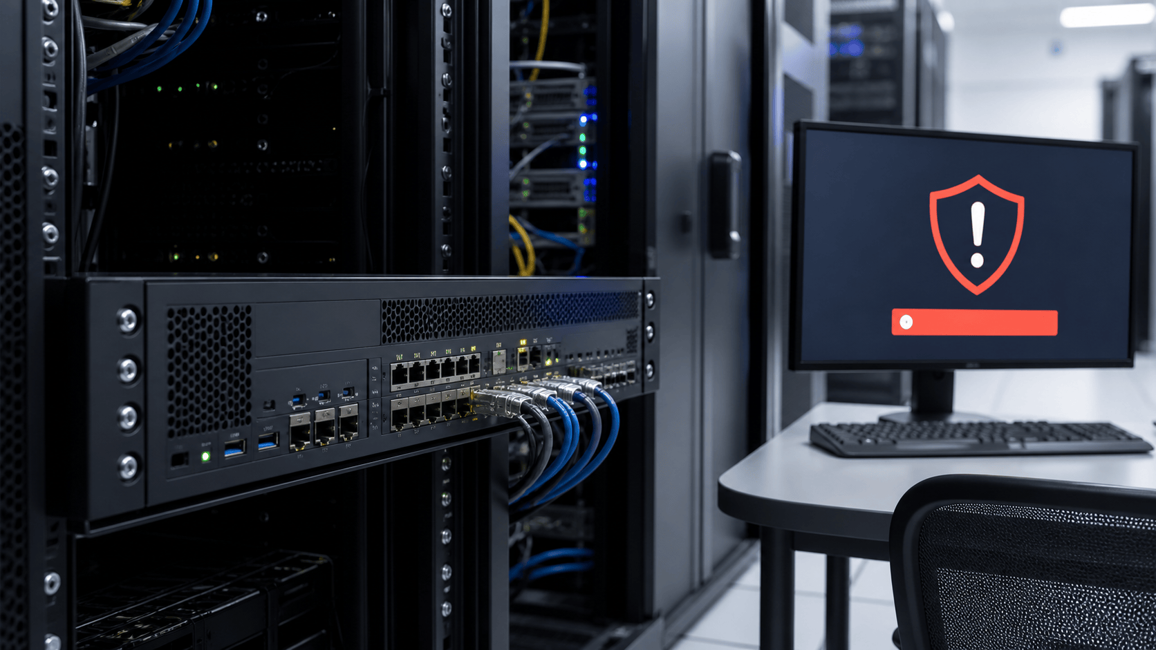 Rack-mounted network security appliance and administrator console showing an urgent update alert.