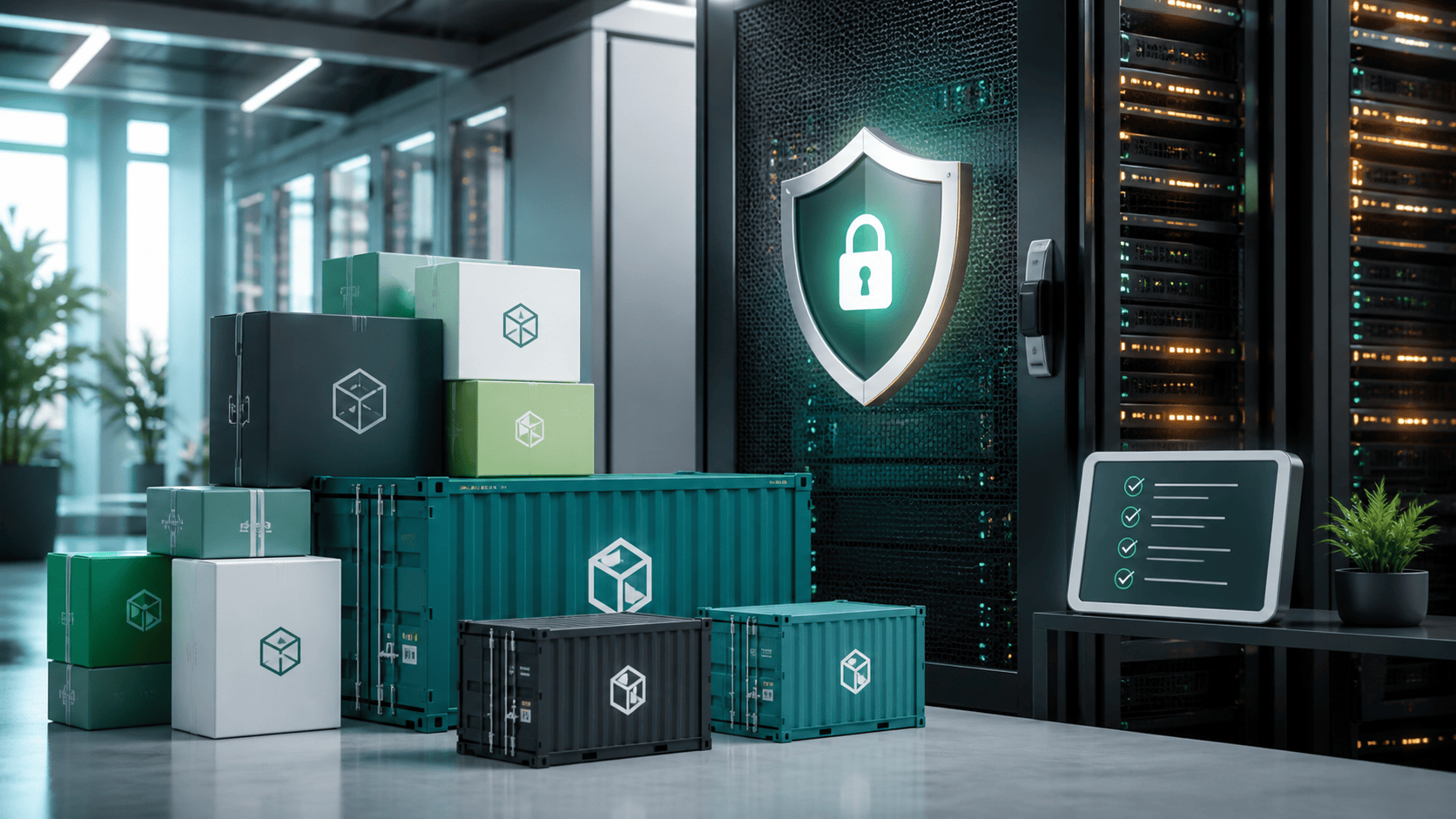 Self-hosted artifact repository packages beside a protected server rack during a security update