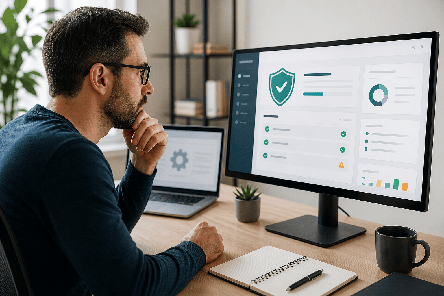 Website administrator reviewing a WordPress plugin security maintenance checklist on a dashboard.