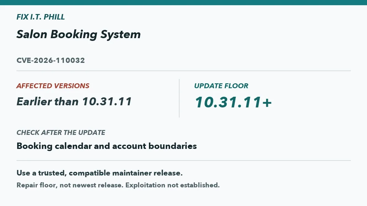 Maintenance diagram showing Salon Booking System affected earlier than 10.31.11 and update floor 10.31.11+.